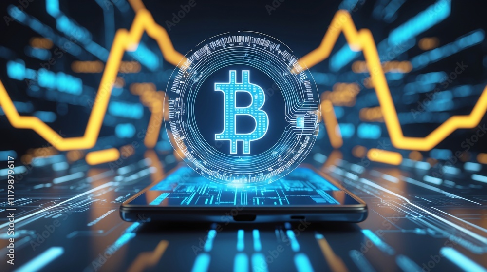 Poster bitcoin on the rise: a futuristic illustration depicting a glowing bitcoin symbol on a smartphone, s