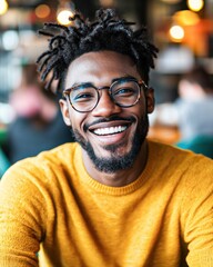 Fototapeta premium A man with a beard and glasses is smiling and wearing a yellow sweater