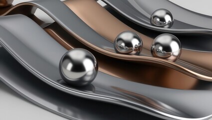 Dynamic silver and bronze spheres in flowing metal waves modern art composition abstract design