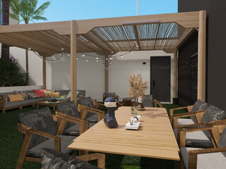 terraza de nave comercial . cocina exterior y zona relax para trabajadores 