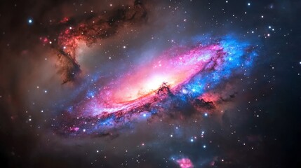Vibrant cosmic galaxy scene featuring intricate stars and swirling blue and pink nebulae, captivating celestial beauty in expansive view.