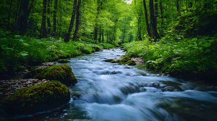 Obraz premium A flowing river cutting through a dense rainforest, with lush greenery as the background, during a vibrant summer day