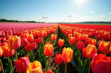 bright tulip field stretching into the horizon, during a sunny day, wide panoramic view capturing the colorful display, vibrant sunlight creating a cheerful mood, gentle breeze swaying the flowers