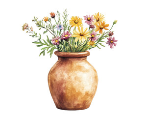 Colorful wildflowers arranged in a rustic clay pot, on a white isolated background.