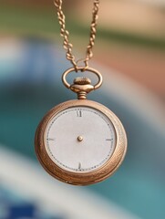 Antique Gold Pocket Watch Hanging on Chain Against Blurred Background