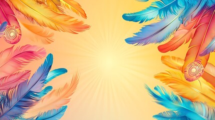 Vibrant Pastel Background Featuring Colorful Feathers Celebrating Indigenous Peoples Day with a Warm Glow and Bright Hues
