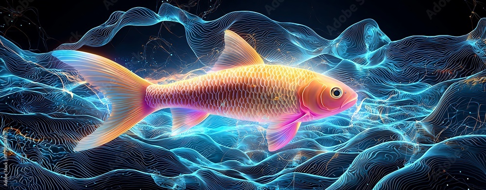 Poster captivating digital rendering of a glowing fish surrounded by ethereal waves of light, perfect for w