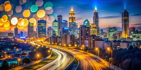 Fototapeta premium Midtown Atlanta Skyline at Night with Bokeh Lights, Downtown Connector Blurred