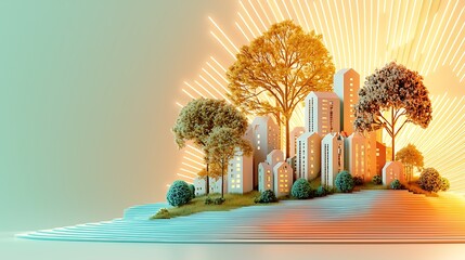 Serene Pastel Cityscape on World Habitat Day with Glowing Trees and Modern Buildings, Celebrating Eco-Friendly Urban Living in a Vibrant Setting