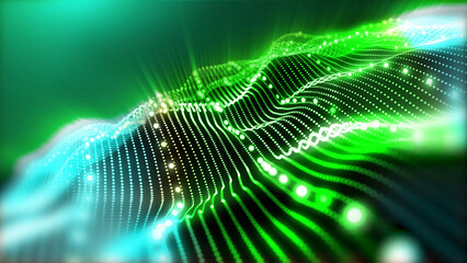 A futuristic background of virtual sparkling waves, smoothly flowing into each other, creates an atmosphere of space and infinity. Opens up new horizons for creative imagination.
