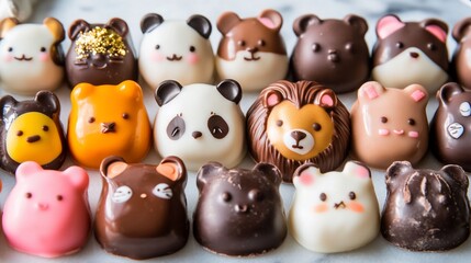 Fototapeta premium Adorable animal-shaped chocolates arranged on a marble surface.