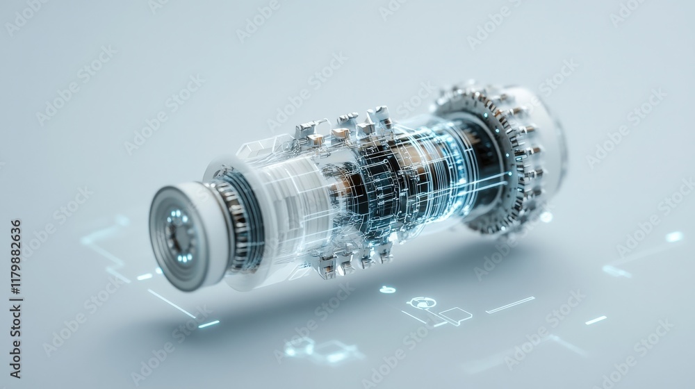 Poster Futuristic Transparent Mechanical Component with Digital Circuitry Illustrating Advanced Technology and Innovation in Industrial Design and Engineering Applications
