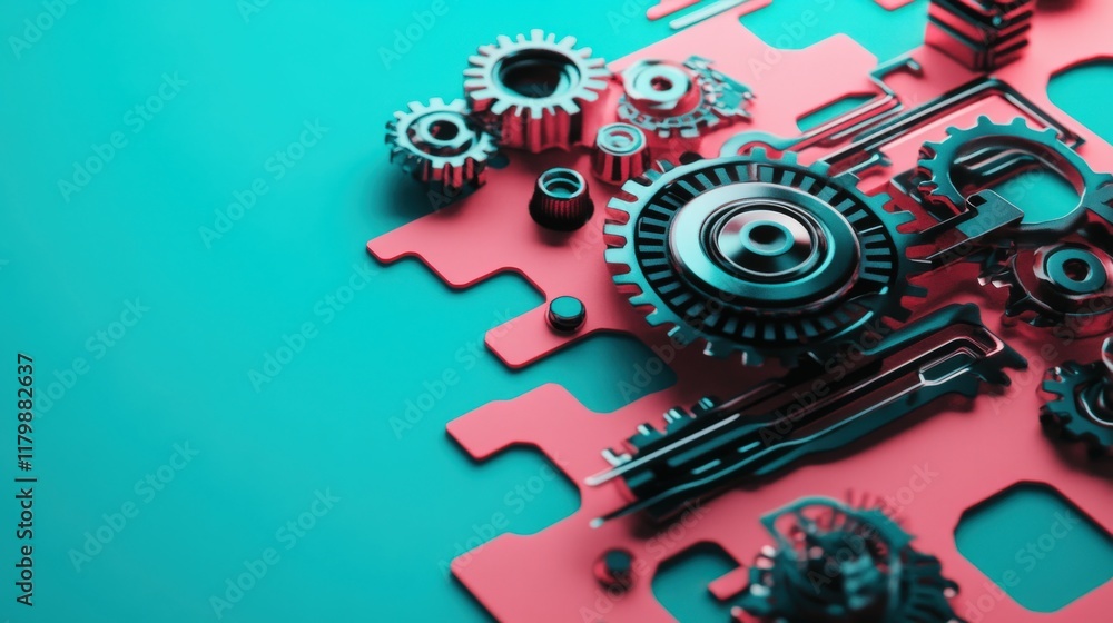Poster intricate arrangement of metallic gears and tools on a vibrant background, showcasing the fusion of 