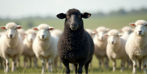 A black sheep stands out among a flock of white sheep, raising its head confidently, embodying the concept of being a leader and standing out from the crowd