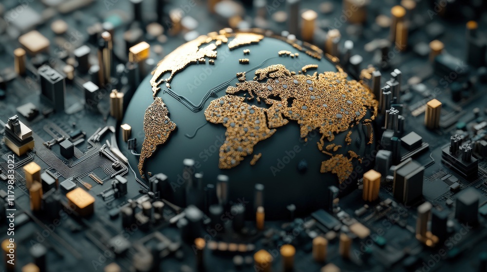 Aufkleber a 3d render of a digital globe surrounded by circuit boards and skyscrapers illustrating the interse