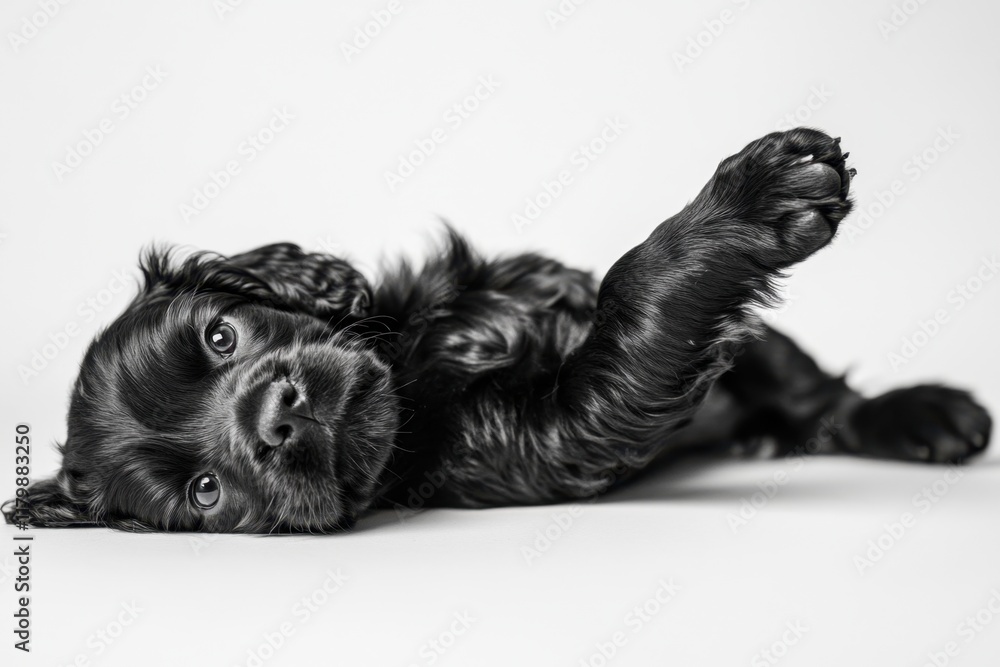 Poster a happy and playful cocker spaniel puppy is lying on its back, with one leg in the air, looking up a