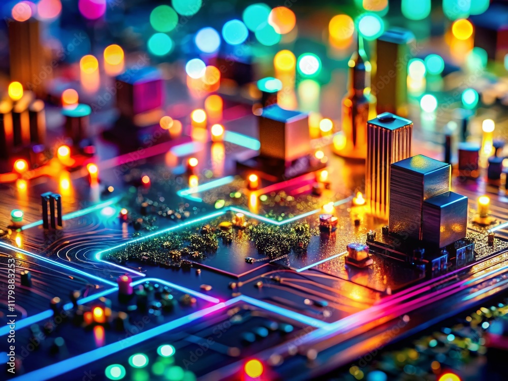 Poster miniature abstract coding world: tilt-shift photo of colorful data streams and circuit boards