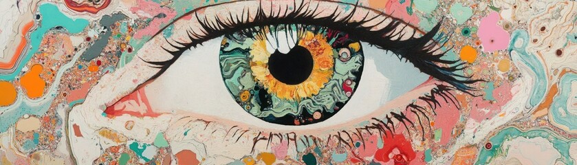 Naklejka premium Captivating Close-Up of an Artistic Eye Surrounded by Vibrant Patterns and Abstract Designs, Showcasing Colorful Swirls, Textures, and Eye Detail