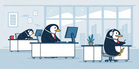 Penguins are depicted working at desks in an office setting, each engaged with computers and paperwork while dressed in business attire. Snow overlooks the large windows, adding a wintry atmosphere.AI