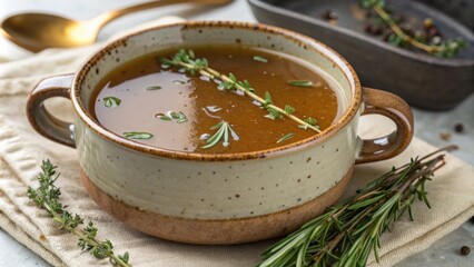 A closeup shot captures the rich savory broth cradled in a handcrafted ceramic mug its surface glistening with droplets. Sprigs of thyme and rosemary float delicately on top