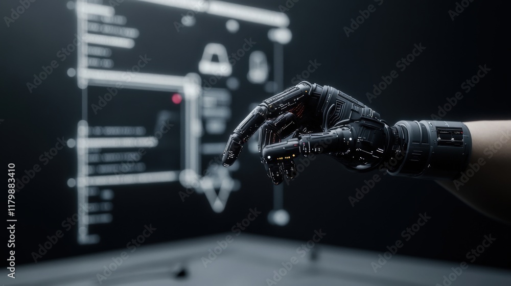 Poster futuristic robotic hand interacting with advanced holographic interface in high-tech laboratory envi