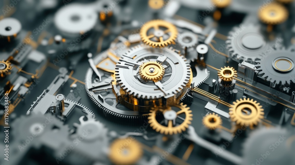 Poster Intricate Close-up of Metallic Gears with Golden Accents and Complex Mechanisms in a Technical and Industrial Background