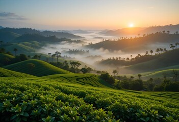 A panoramic view of green tea-covered hills at sunrise