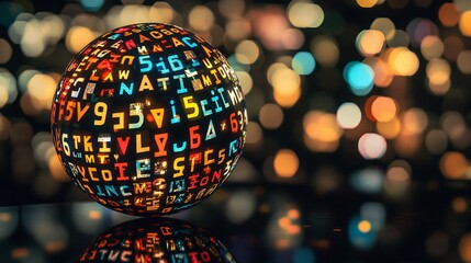 Fototapeta premium Colorful letters and numbers on a sphere reflected on a dark surface with bokeh lights.