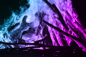 Colorful Flames Dance in a Dark Environment with Wooden Logs