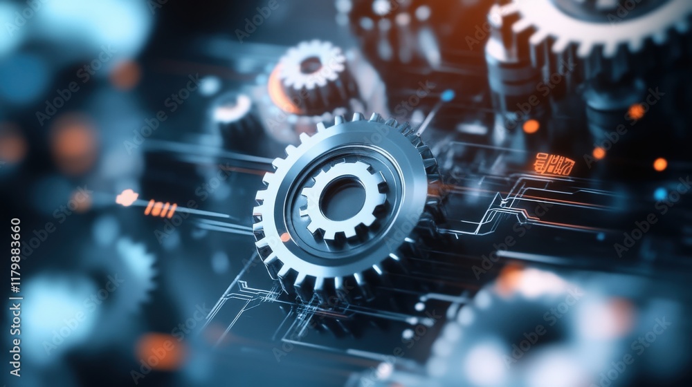 Aufkleber Detailed Close-Up of Interlocking Gears Representing Technology, Innovation, and Engineering Concepts with Abstract Circuit Patterns and Digital Elements