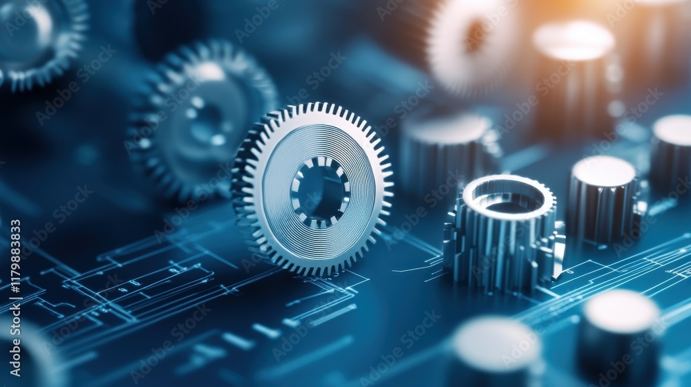 Aufkleber Close-Up View of Metallic Gears on a Circuit Board Background Representing Innovation and Technology in Engineering and Mechanism Design