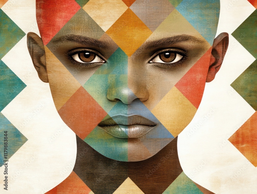 Poster digital artwork featuring a striking face adorned with vibrant geometric patterns and colorful shape