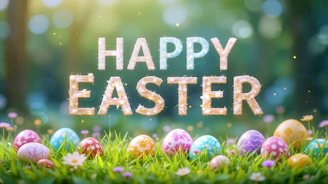 Happy Easter vintage sign with eggs on the grass and bokeh animation.