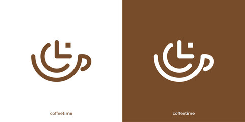 Simple Coffee Time Logo. Coffee Cup Mug and Time Icon Graphic. Coffee Break Logo Design Template.