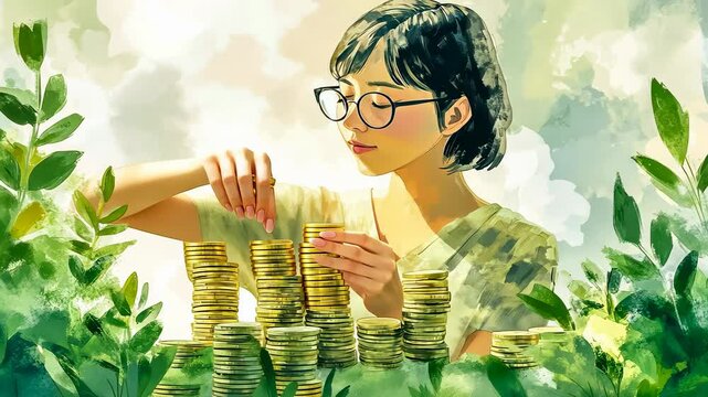 A young Asian woman with glasses and a light green blouse is meticulously counting stacks of coins, sitting by a plant-filled background. This serene setting suggests themes of financial planning and
