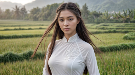 A young Vietnamese woman wearing a traditional white Ao Dai dress.
