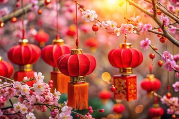 Obraz premium Miniature Chinese New Year Decorations: Festive Lanterns & Red Envelopes, Tilt-Shift Photography