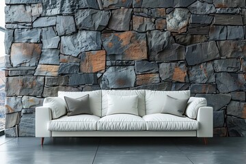 White Sofa Against Wild Stone Cladding Wall with Frame in Modern Living Room Home with Minimalist Boho Interior Design