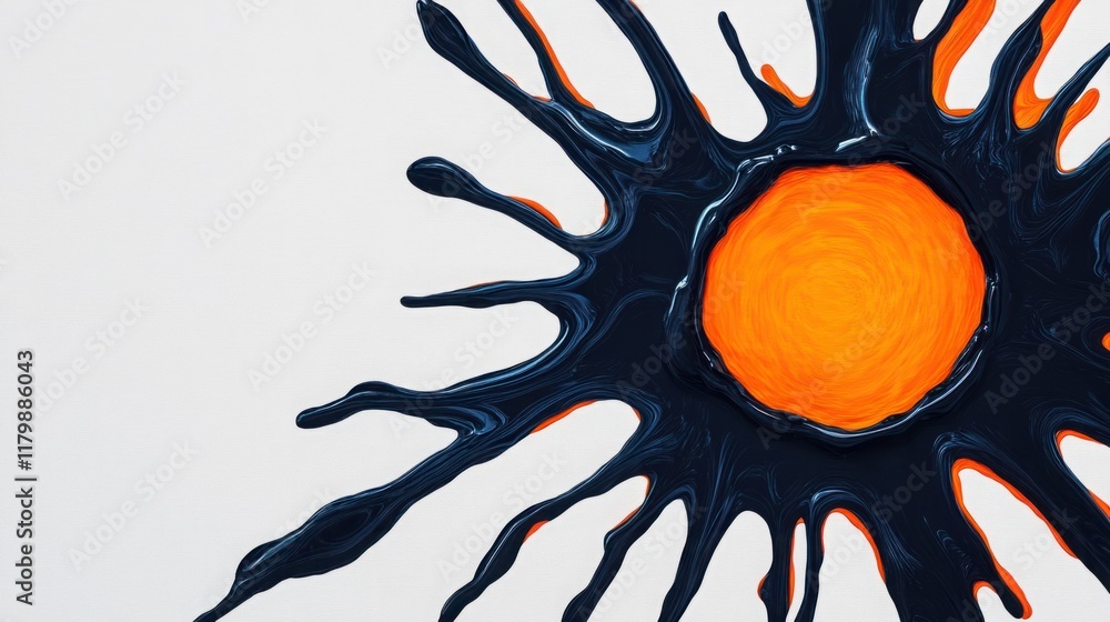 Poster abstract illustration of an orange center surrounded by black and orange paint splashes, creating a 