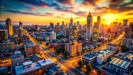 Obraz premium Miniature Cityscape: Downtown District at Sunset, Tilt-Shift Photography