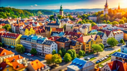 Naklejka premium Miniature Cityscape: Drone Aerial View, Tilt-Shift Effect