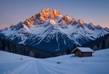 Fototapeta premium A snow-capped mountain at sunrise, with golden lights illuminating the peaks and a secluded cabin in the background