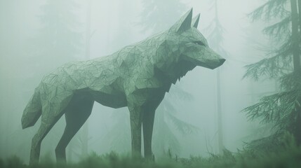 Fototapeta premium Majestic Low-Poly Wolf Silhouette in Misty Forest - Ultra-Detailed 3D Rendered Wildlife Artwork