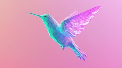 Obraz premium Glowing Low-Poly Hummingbird in Flight - Vivid Teal and Purple Polygonal Wings and Tail - Cinematic Ultra-Detailed Image