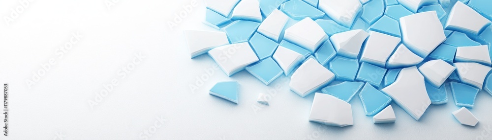 Poster broken ceramic pieces in light blue and white color scheme on a soft background for creative and art
