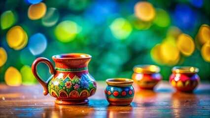 Fototapeta premium Miniature Colorful Grog Against Teal Background - Tilt-Shift Photography