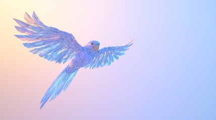 Fototapeta premium Majestic Blue-and-Gold Low-Poly Macaw Gliding in Mid-Flight Against Subdued Cinematic Background, Ultra-Detailed Image