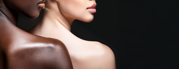 Close up of two women's shoulders black and white skin diversity concept. Beautiful female profiles banner isolated on black with copy space
