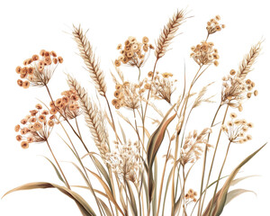Fototapeta premium Delicate floral arrangement with various grasses and blooms, white isolate background.
