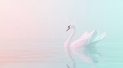 Naklejka premium Serene Low-Poly Swan Floating on Calm Water - Ultra-Detailed Polygonal Reflection Cinematic Image